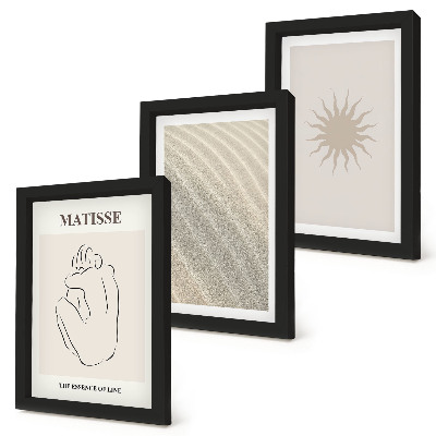Conjunto de 3 quadros decorativos Linhas minimalistas, areia, ondas e sol.
