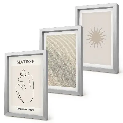 Conjunto de 3 quadros decorativos com estampa de linhas minimalistas, areia, ondas e sol