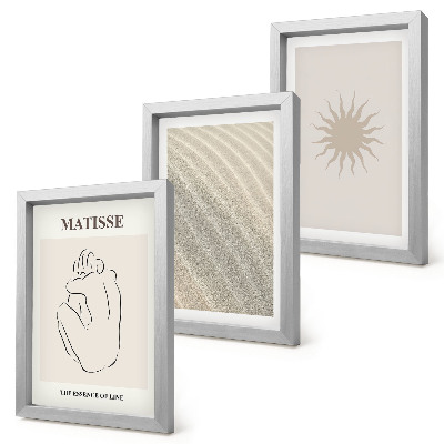 Conjunto de 3 quadros decorativos Linhas minimalistas, areia, ondas e sol.