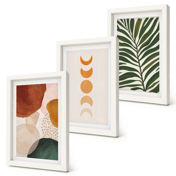 Tríptico com moldura Formas abstratas em cores quentes e folhas