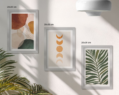 Tríptico com moldura Formas abstratas em cores quentes e folhas
