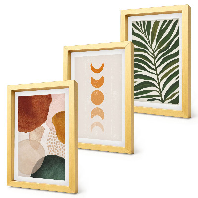 Tríptico com moldura Formas abstratas em cores quentes e folhas