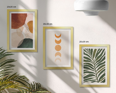 Tríptico com moldura Formas abstratas em cores quentes e folhas