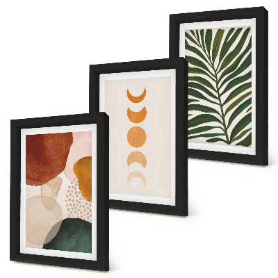 Tríptico com moldura Formas abstratas em cores quentes e folhas