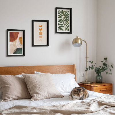 Tríptico com moldura Formas abstratas em cores quentes e folhas