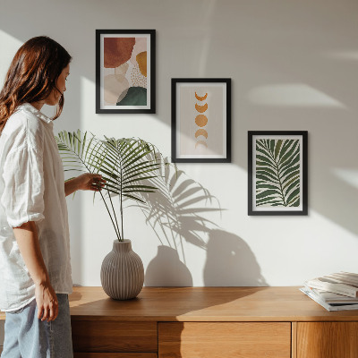 Tríptico com moldura Formas abstratas em cores quentes e folhas
