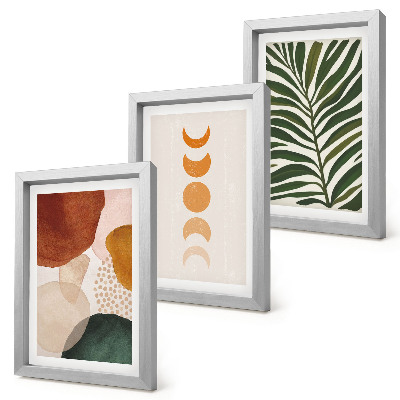 Tríptico com moldura Formas abstratas em cores quentes e folhas