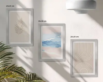 Tríptico com moldura com folhas e ondas em tons de bege e azul