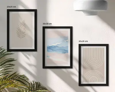 Tríptico com moldura com folhas e ondas em tons de bege e azul