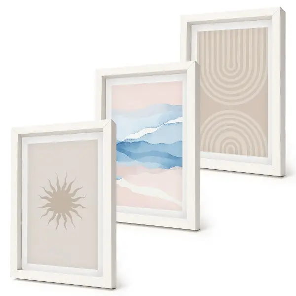 Conjunto de 3 quadros decorativos com estampa de sol, ondas e linhas abstratas em tons pastel