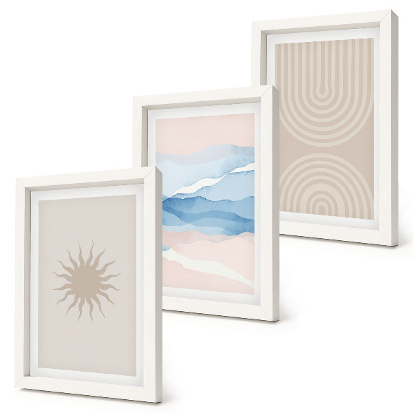 Conjunto de 3 quadros decorativos Sol, ondas e linhas abstratas em tons pastel.