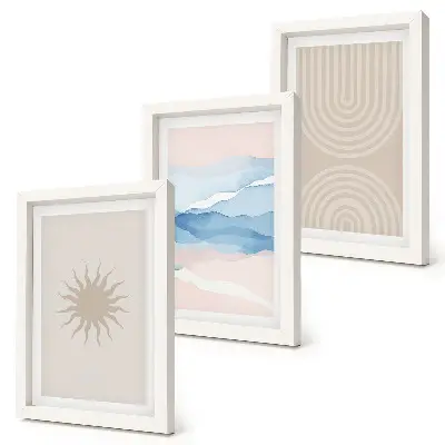 Conjunto de 3 quadros decorativos com estampa de sol, ondas e linhas abstratas em tons pastel