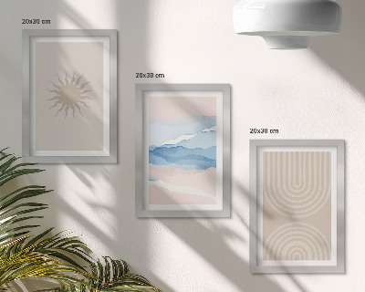 Conjunto de 3 quadros decorativos Sol, ondas e linhas abstratas em tons pastel.