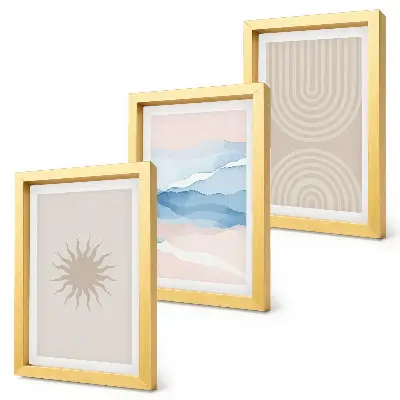 Conjunto de 3 quadros decorativos com estampa de sol, ondas e linhas abstratas em tons pastel