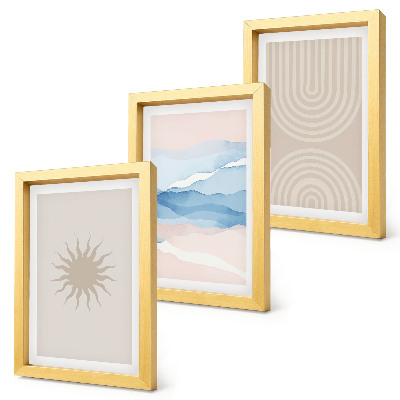 Conjunto de 3 quadros decorativos Sol, ondas e linhas abstratas em tons pastel.