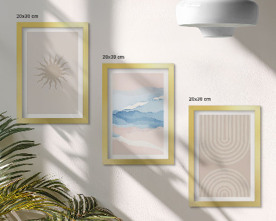 Conjunto de 3 quadros decorativos Sol, ondas e linhas abstratas em tons pastel.