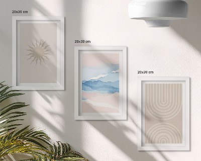Conjunto de 3 quadros decorativos Sol, ondas e linhas abstratas em tons pastel.