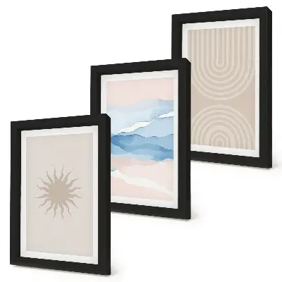 Conjunto de 3 quadros decorativos com estampa de sol, ondas e linhas abstratas em tons pastel
