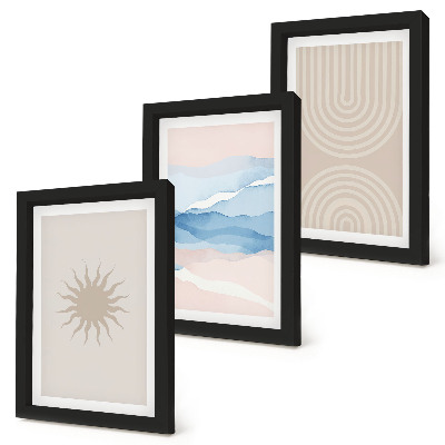 Conjunto de 3 quadros decorativos Sol, ondas e linhas abstratas em tons pastel.