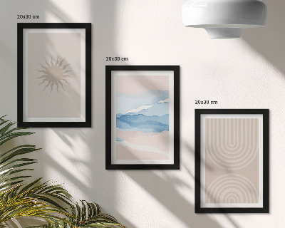 Conjunto de 3 quadros decorativos Sol, ondas e linhas abstratas em tons pastel.