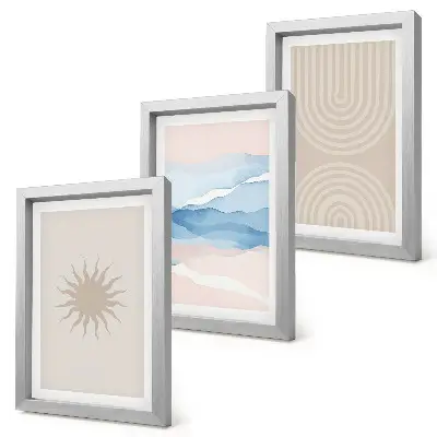 Conjunto de 3 quadros decorativos com estampa de sol, ondas e linhas abstratas em tons pastel