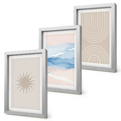 Conjunto de 3 quadros decorativos Sol, ondas e linhas abstratas em tons pastel.