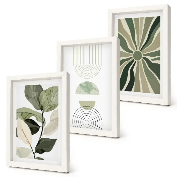 Conjunto de 3 quadros decorativos com motivos vegetais e formas geométricas em verde
