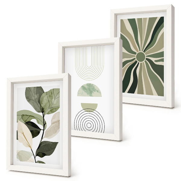 Conjunto de 3 quadros decorativos Motivos vegetais com formas geométricas em verde.