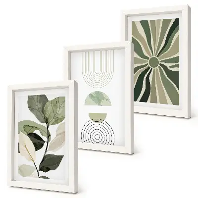 Conjunto de 3 quadros decorativos com motivos vegetais e formas geométricas em verde
