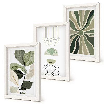 Conjunto de 3 quadros decorativos Motivos vegetais com formas geométricas em verde.