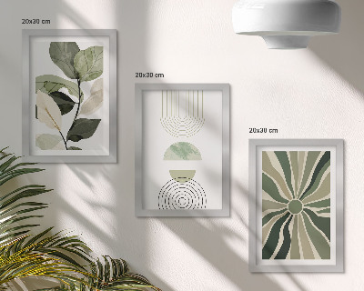Conjunto de 3 quadros decorativos Motivos vegetais com formas geométricas em verde.