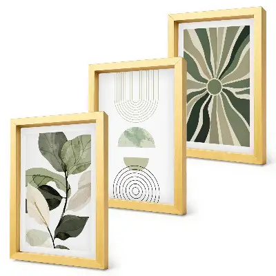 Conjunto de 3 quadros decorativos com motivos vegetais e formas geométricas em verde
