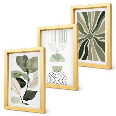 Conjunto de 3 quadros decorativos Motivos vegetais com formas geométricas em verde.