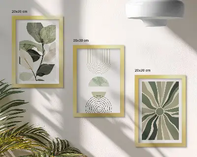 Conjunto de 3 quadros decorativos com motivos vegetais e formas geométricas em verde