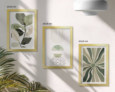 Conjunto de 3 quadros decorativos Motivos vegetais com formas geométricas em verde.
