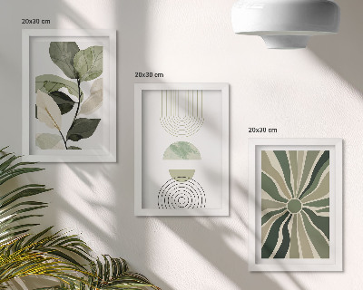 Conjunto de 3 quadros decorativos Motivos vegetais com formas geométricas em verde.