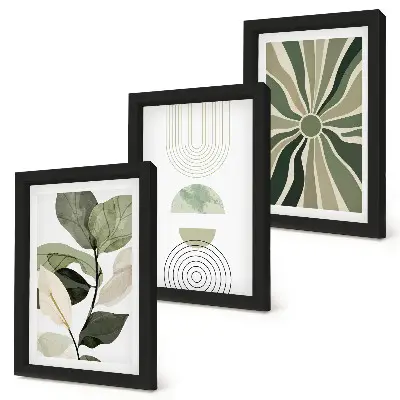 Conjunto de 3 quadros decorativos com motivos vegetais e formas geométricas em verde