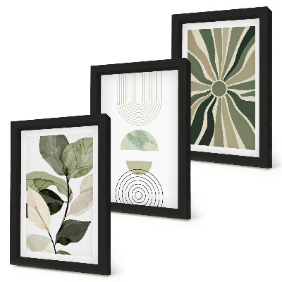 Conjunto de 3 quadros decorativos Motivos vegetais com formas geométricas em verde.