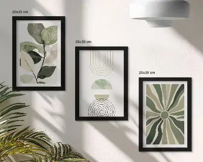Conjunto de 3 quadros decorativos com motivos vegetais e formas geométricas em verde