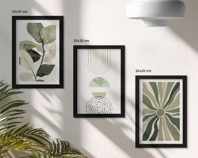 Conjunto de 3 quadros decorativos Motivos vegetais com formas geométricas em verde.