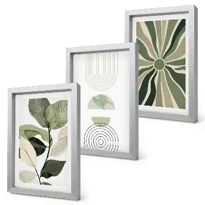 Conjunto de 3 quadros decorativos com motivos vegetais e formas geométricas em verde