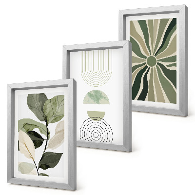 Conjunto de 3 quadros decorativos Motivos vegetais com formas geométricas em verde.