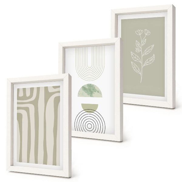 Conjunto de molduras com imagens Padrões geométricos com detalhes de plantas em tons de verde.