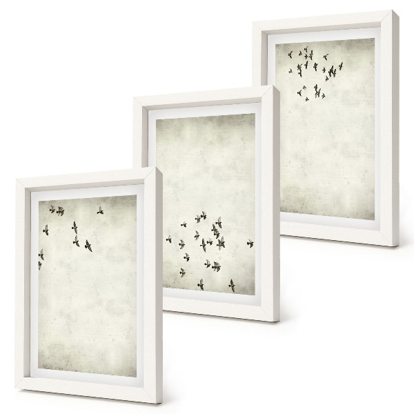 Conjunto de 3 quadros decorativos Uma pintura minimalista de pássaros voando.