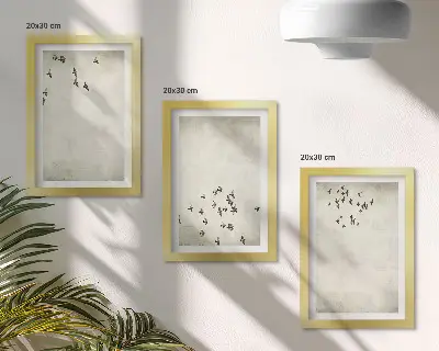 Conjunto de 3 quadros decorativos pintura minimalista de pássaros voando