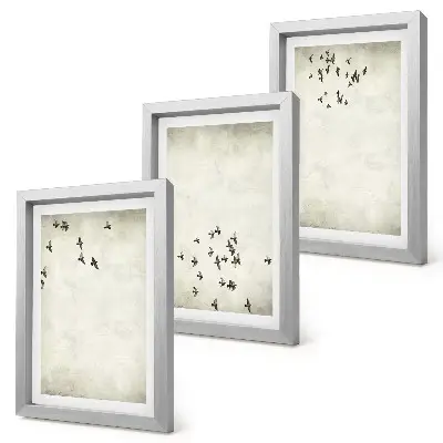 Conjunto de 3 quadros decorativos pintura minimalista de pássaros voando