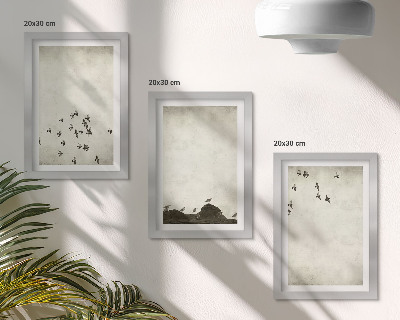 Tríptico com moldura Pássaros em voo pintados em estilo minimalista