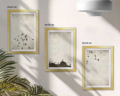 Tríptico com moldura Pássaros em voo pintados em estilo minimalista