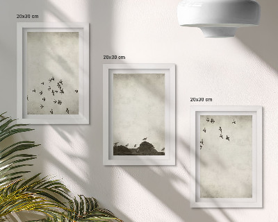 Tríptico com moldura Pássaros em voo pintados em estilo minimalista