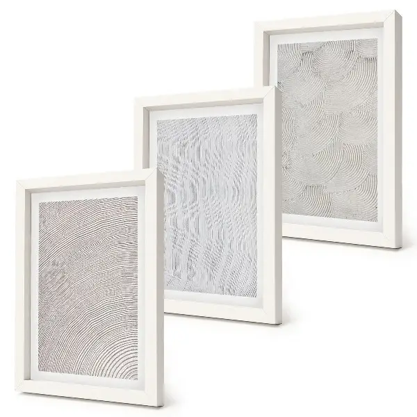 Conjunto de 3 quadros decorativos com padrões de areia e estruturas geométricas lineares
